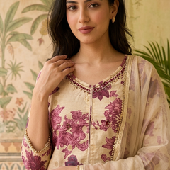 Floral Print & Embroidered  Straight Kurta With Trousers & Dupatta