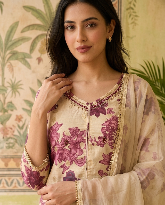 Floral Print & Embroidered  Straight Kurta With Trousers & Dupatta