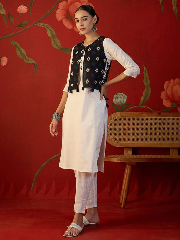 Off White Ethnic Motif Print Straight Kurta With Jacket & Trouser
