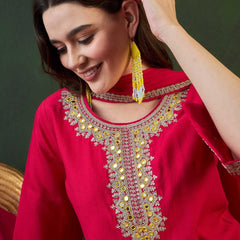 Ethnic Motifs Embroidered Round Neck Straight Kurta With Dhoti Pants And Dupatta