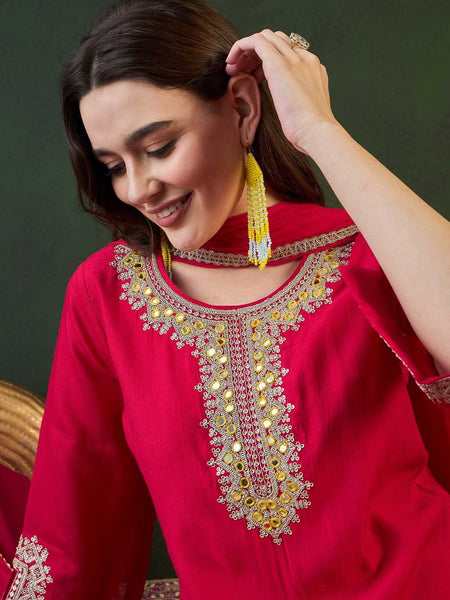 Ethnic Motifs Embroidered Round Neck Straight Kurta With Dhoti Pants And Dupatta