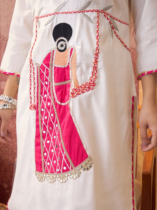 Off White Ethnic Motif Embroidered Straight Kurta With Trouser & Dupatta Kurta Set