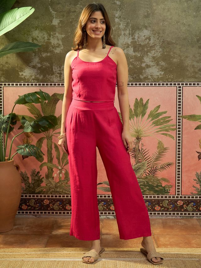 Fuchsia Embroidered Top With Jacket & Trouser Co-Ords