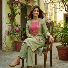 Floral Embroidered & Mirror Work Tunic With & Trouser