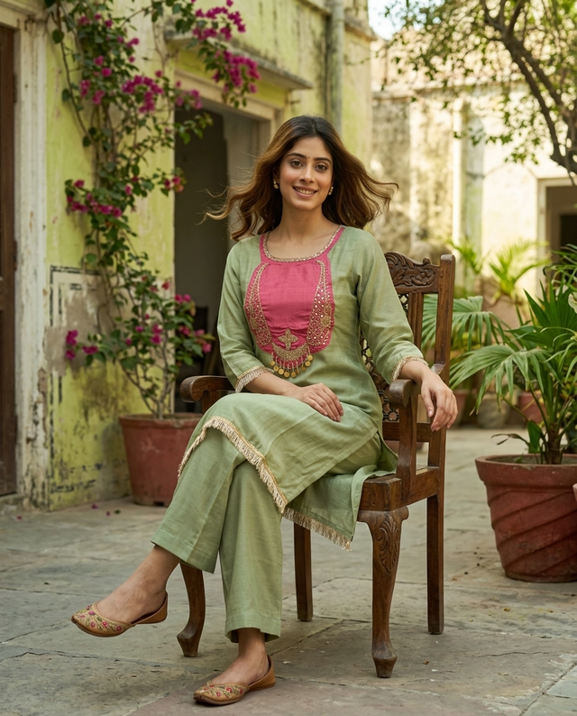 Floral Embroidered & Mirror Work Tunic With & Trouser