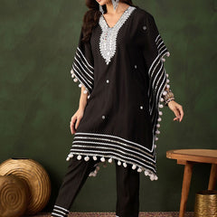 Black Geometric Embroidered Mirror Work Roman Silk Kurta With Trouser