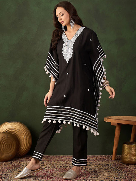 Black Geometric Embroidered Mirror Work Roman Silk Kurta With Trouser