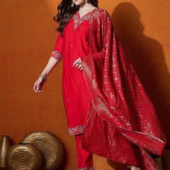 Floral Embroidered V-Neck Pure Silk Kurta With Trousers And Dupatta