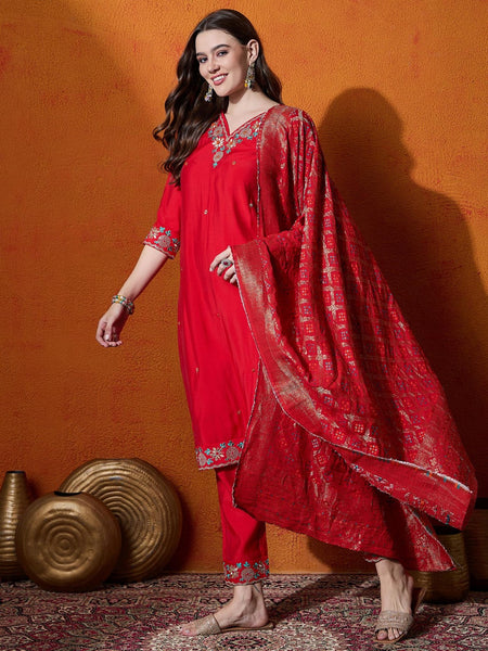 Floral Embroidered V-Neck Pure Silk Kurta With Trousers And Dupatta