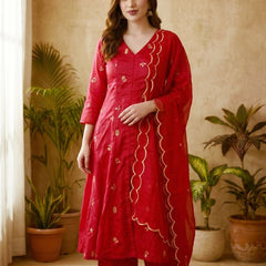 Black Floral Embroidered Mirror Work A-Line Kurta With Trousers & Dupatta