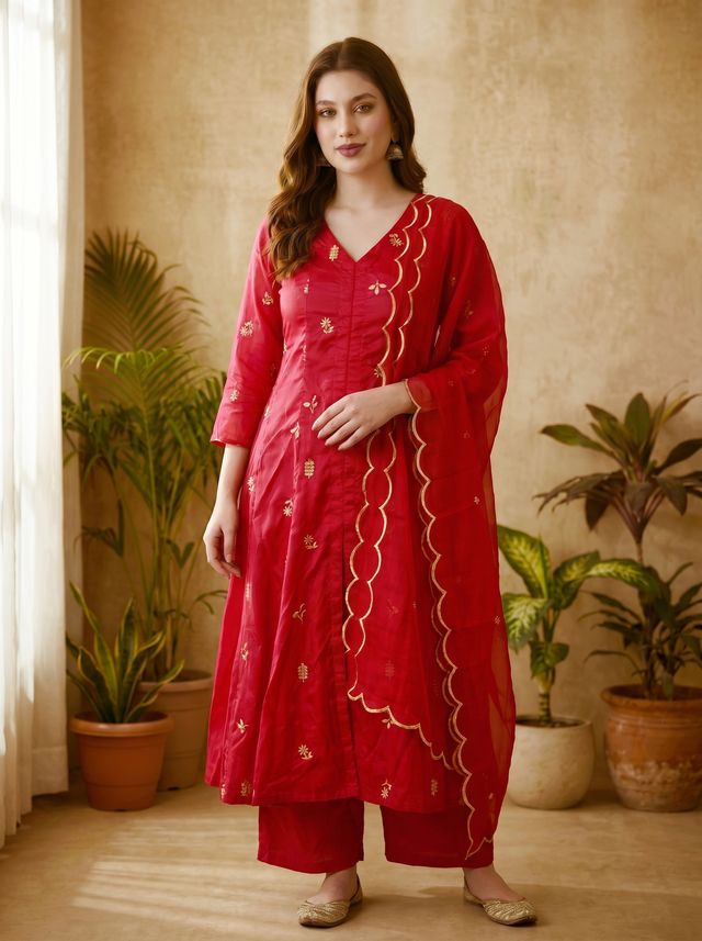 Rani Floral Embroidered Mirror Work A-Line Kurta With Trousers & Dupatta