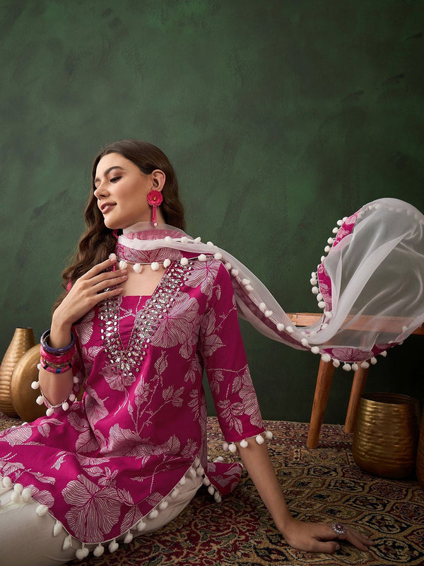 Pink Floral Printed Mirror Work Straight Kurti With Dhoti Pants & Dupatta