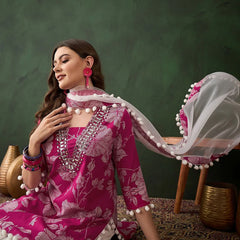 Floral Printed Mirror Work Pure Cotton Kurta With Dhoti Pant & Dupatta