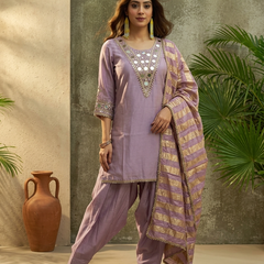 Floral Embroidered & Mirror Work Straight Kurta With & Farsi Salwar & Dupatta