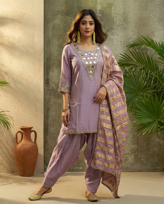 Floral Embroidered & Mirror Work Straight Kurta With & Farsi Salwar & Dupatta