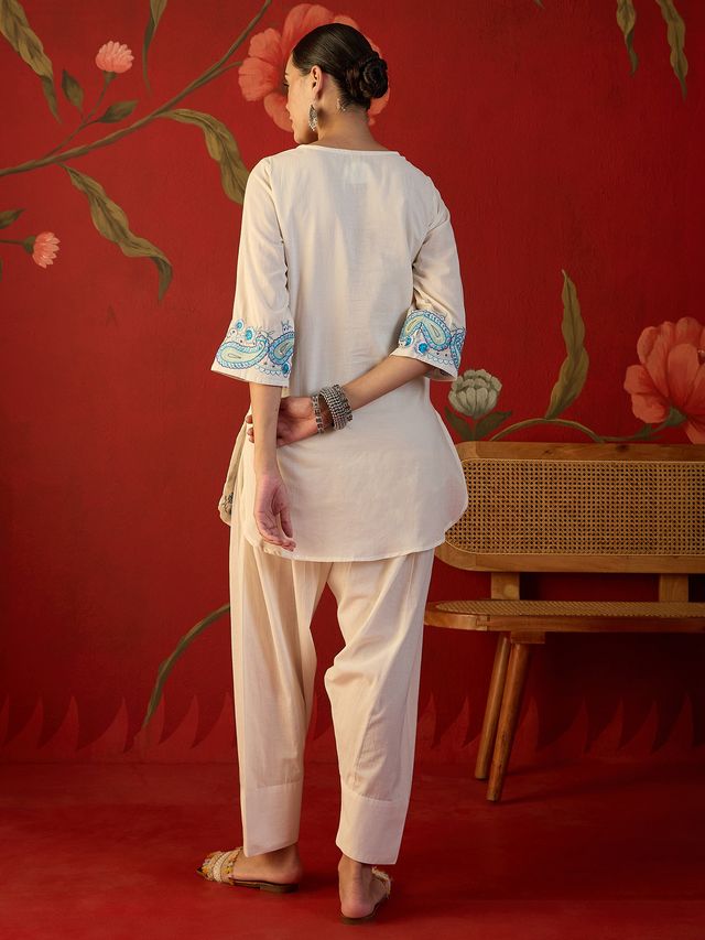 White Floral Embroidered Tunic With Farshi Salwar  Co-Ords Set