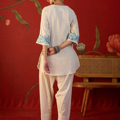 White Floral Embroidered Tunic With Farshi Salwar  Co-Ords Set