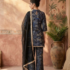 Floral Print & Embroidered  Straight Kurta With Top & Trousers & Dupatta