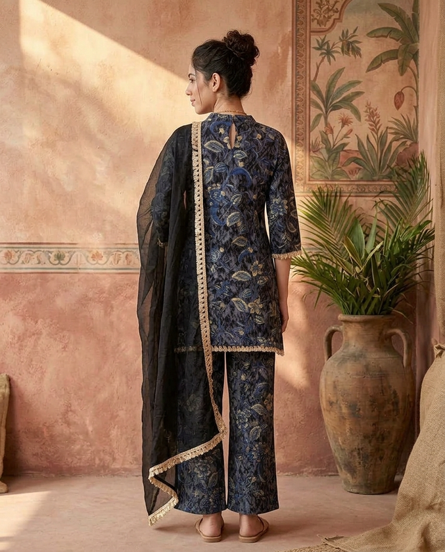 Floral Print & Embroidered  Straight Kurta With Top & Trousers & Dupatta