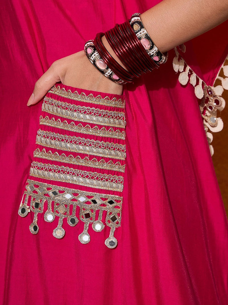 Embroidered V-Neck Mirror work Kaftan With Trousers