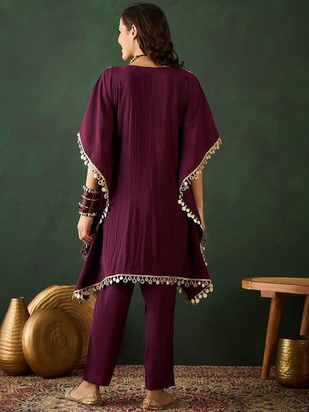 Burgundy Geometric Embroidered V-Neck Mirror Work Kaftan With Trousers
