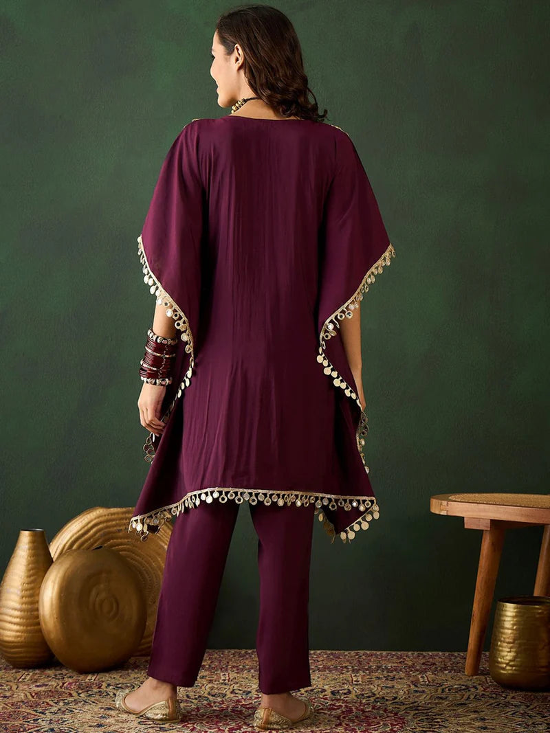 Embroidered  V-Neck Mirror work Kaftan With Trousers