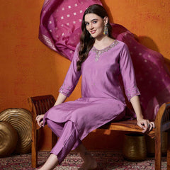 Purple Embroidered V-Neck Straight Kurta With Trousers And Dupatta
