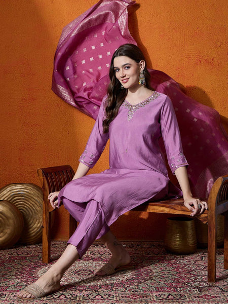 Purple Embroidered V-Neck Straight Kurta With Trousers And Dupatta