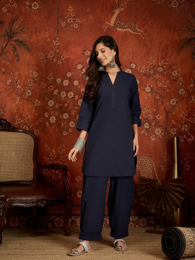 Navy Blue Mandarin Collar Pure Cotton Tunic With Trousers Kurta Set