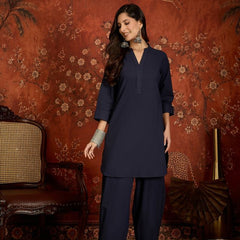 Navy Blue Mandarin Collar Pure Cotton Tunic With Trousers Kurta Set