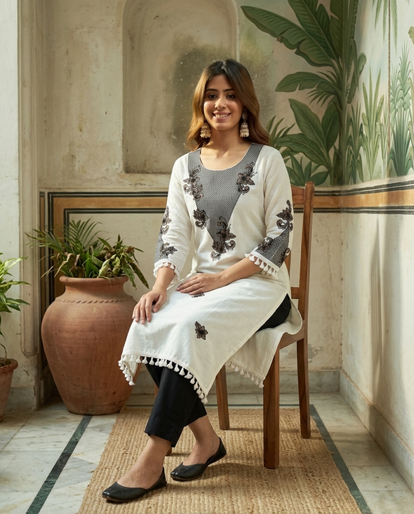 Off White Floral Printed Straight Kurtas