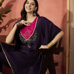 Burgundy Yoke Design Beads And Stones Round Neck Kaftan Kurta With Trousers