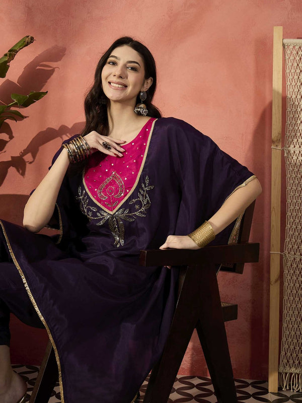 Burgundy Yoke Design Beads And Stones Round Neck Kaftan Kurta With Trousers