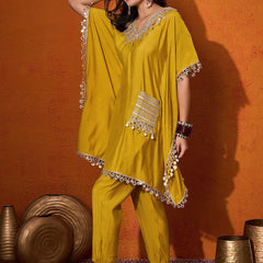 V-Neck Short Sleeves Regular Mirror Work A-Line Kaftan With Trouser