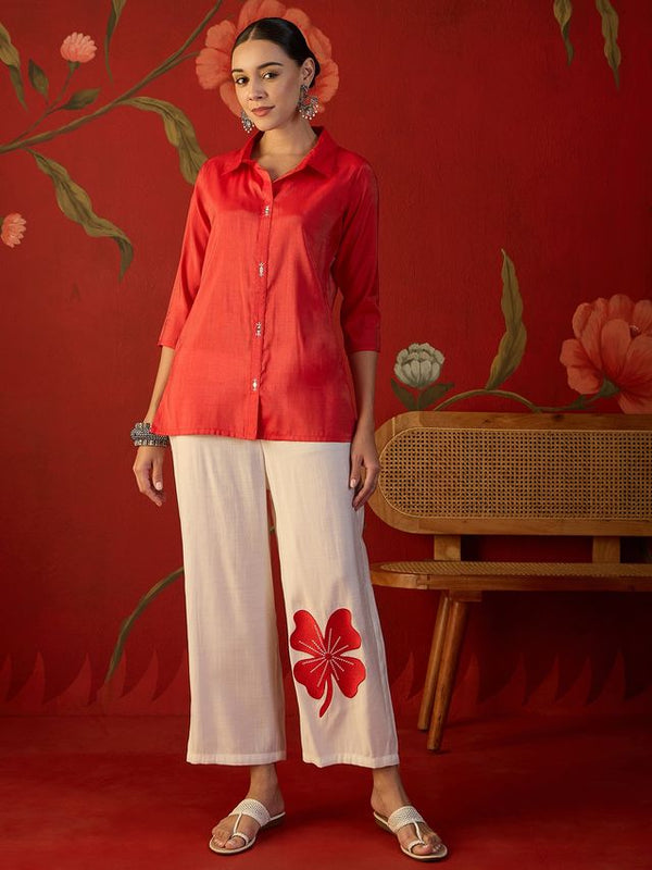 Rust Self Design Shirt Collar Tunic & Trouser Co-Ords