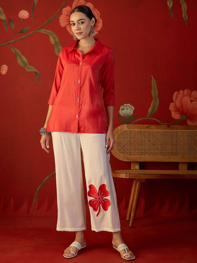 Rust Self Design Shirt Collar Tunic & Trouser Co-Ords