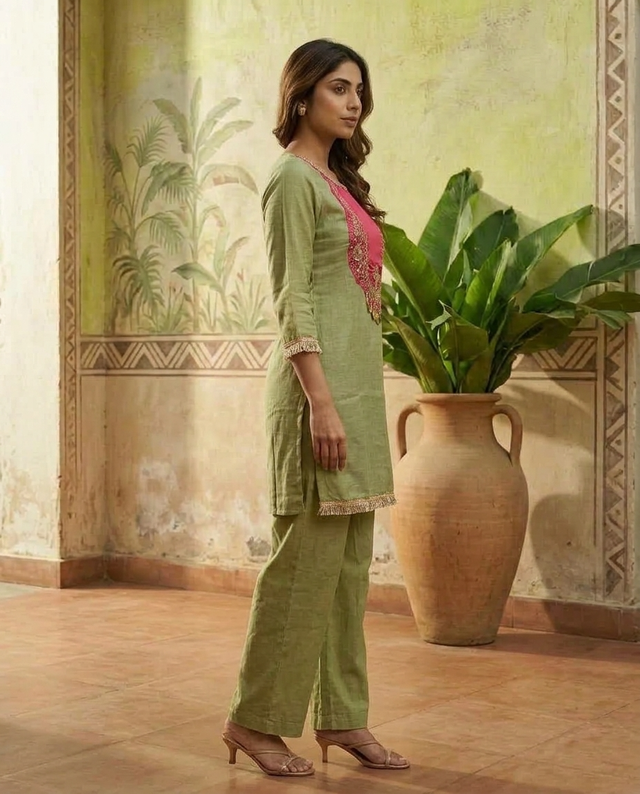 Floral Embroidered & Mirror Work Tunic With & Trouser