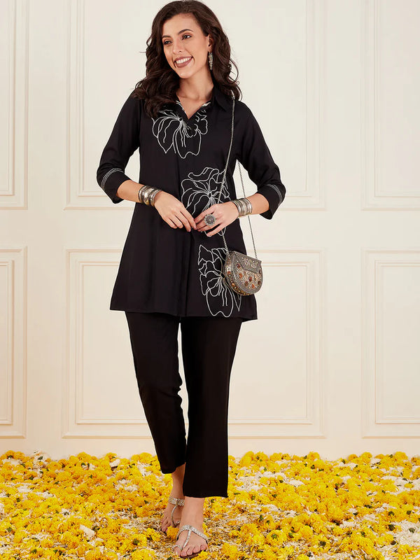 Black Embellished Tunic With Trousers