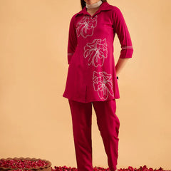 Megenta Embellished Tunic With Trousers