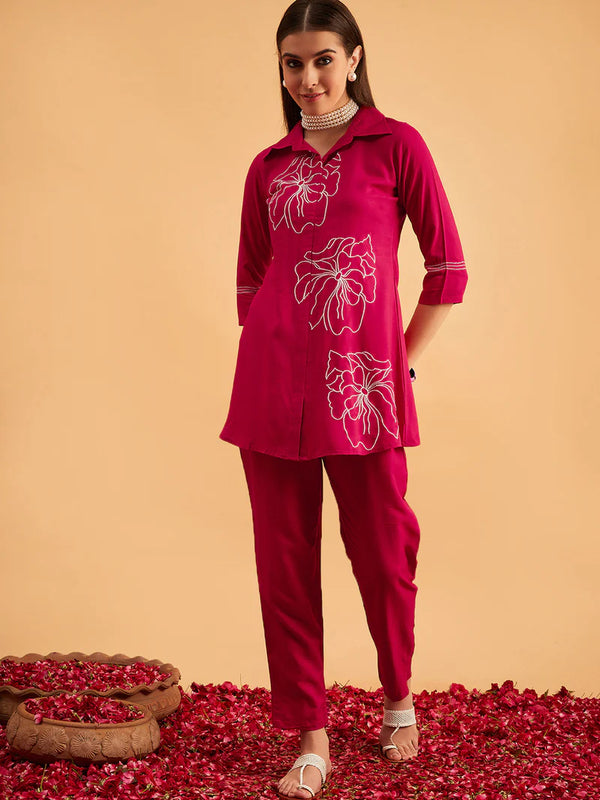 Megenta Embellished Tunic With Trousers