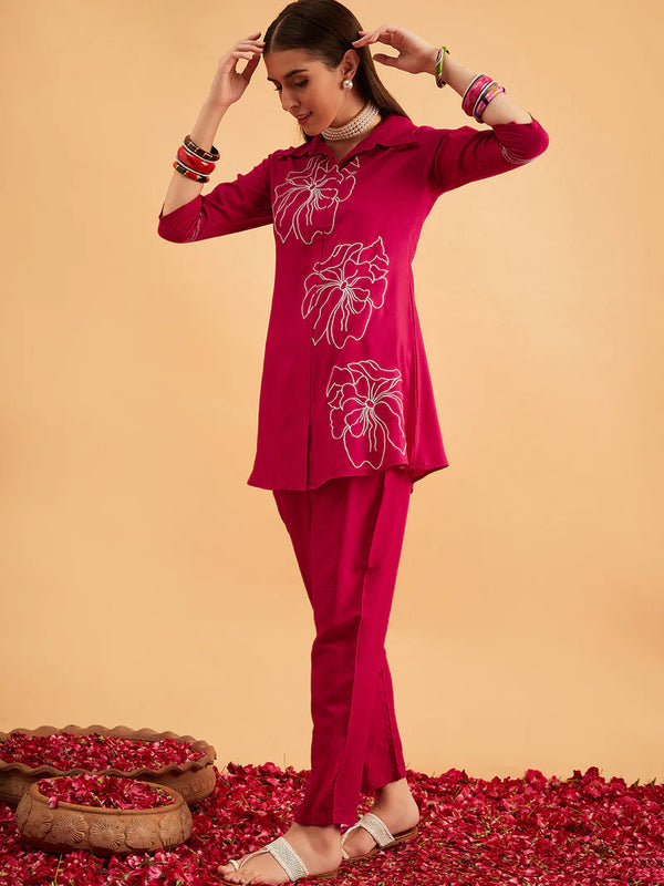 Megenta Embellished Tunic With Trousers