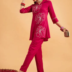 Megenta Embellished Tunic With Trousers