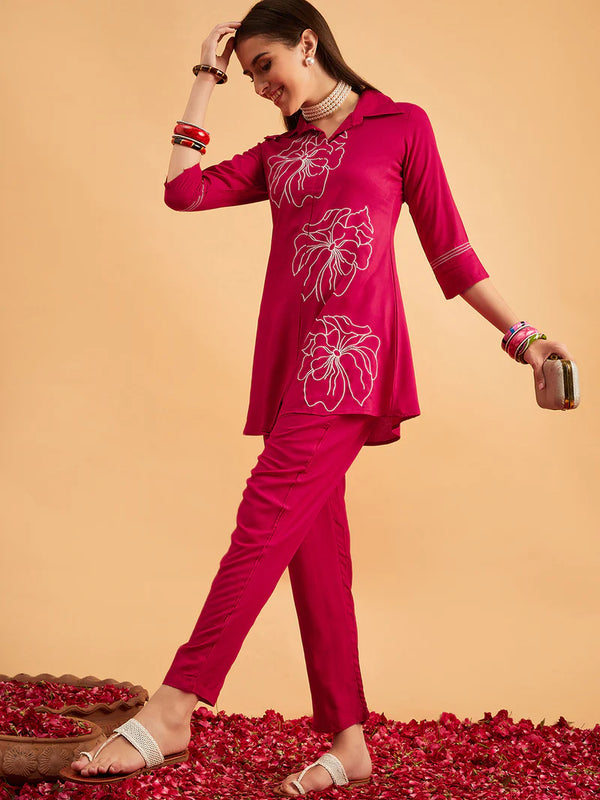 Megenta Embellished Tunic With Trousers