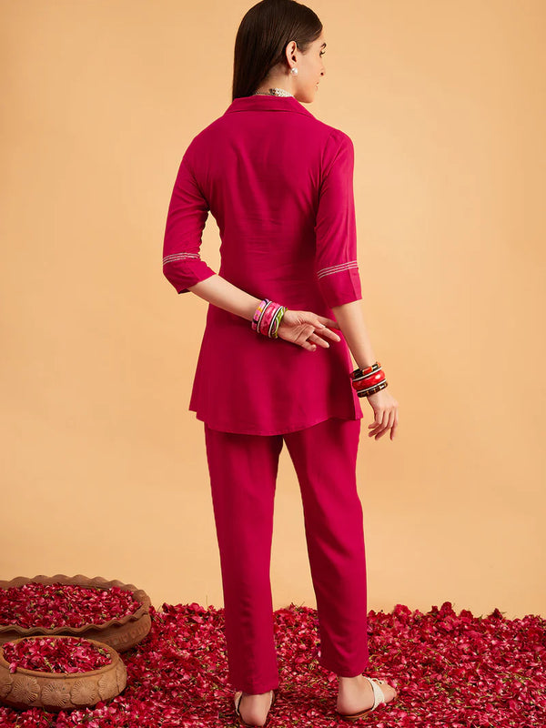 Megenta Embellished Tunic With Trousers