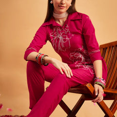 Megenta Embellished Tunic With Trousers