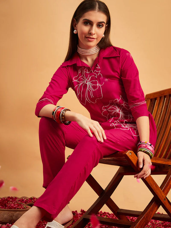Megenta Embellished Tunic With Trousers