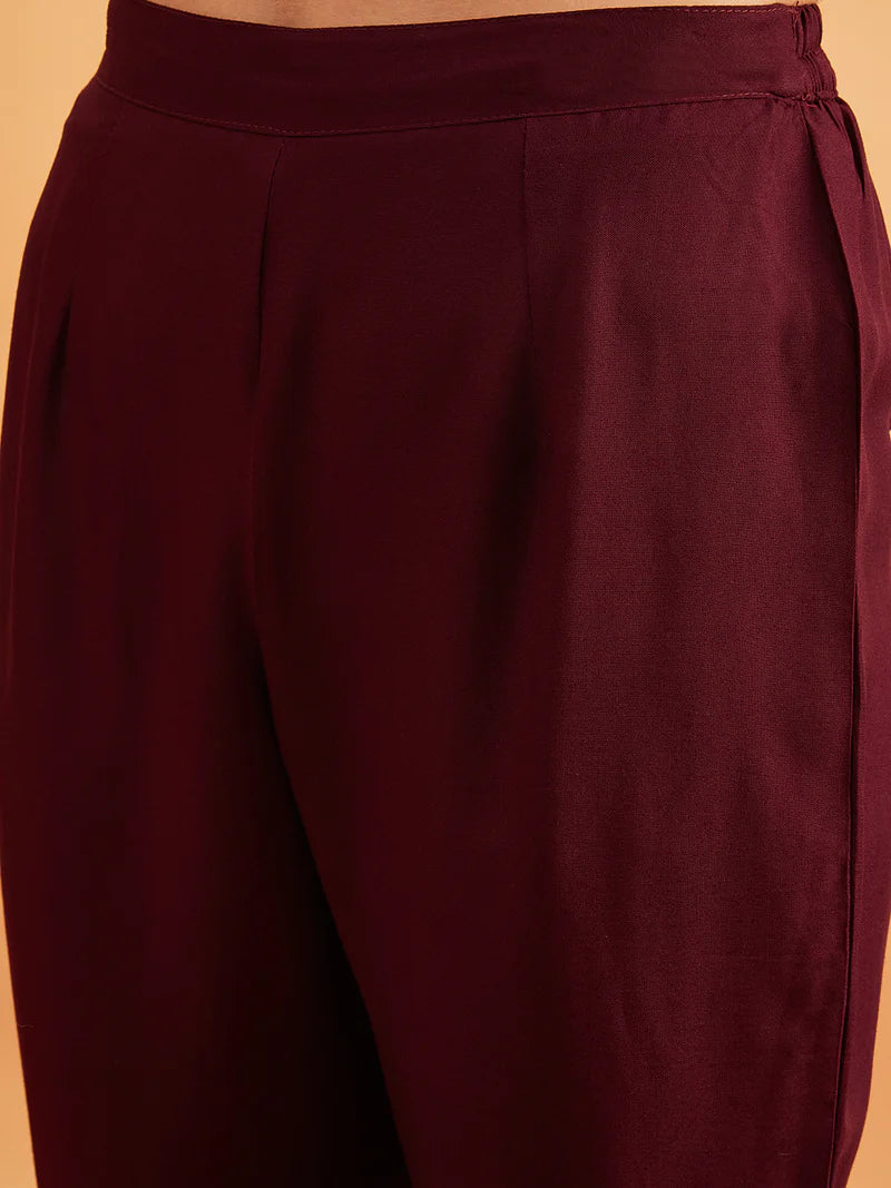 Wine Embellished Tunic With Trousers