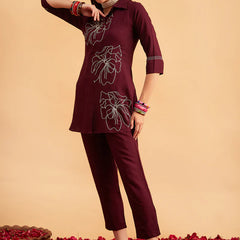Wine Embellished Tunic With Trousers