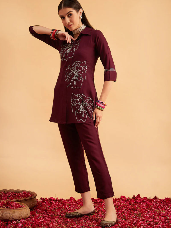 Wine Embellished Tunic With Trousers