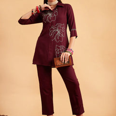 Wine Embellished Tunic With Trousers